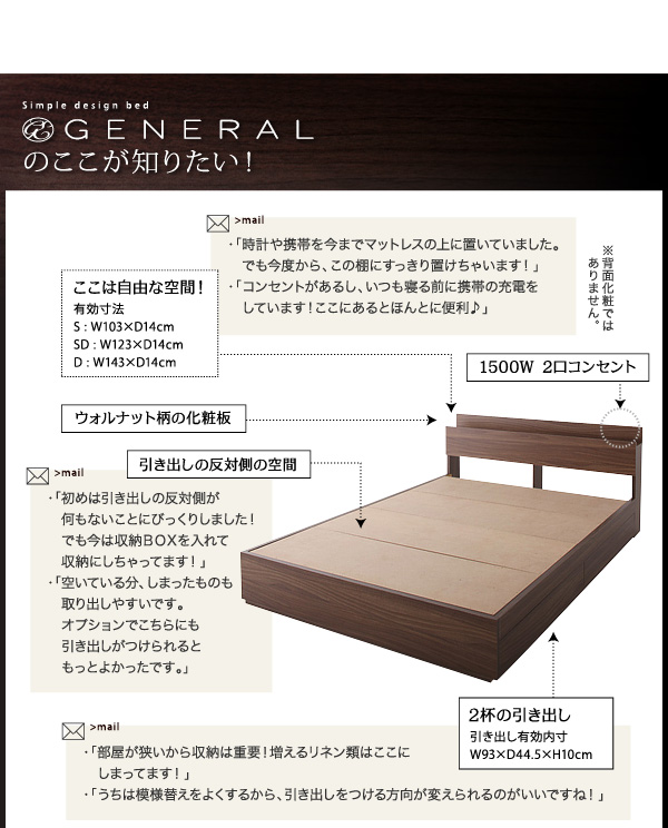 棚・コンセント付き収納ベッド【General】ジェネラル／価格あり
